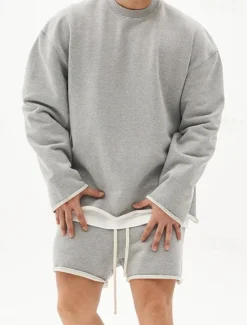 OUKU Men's Workout Set Tracksuit Sweatshirt & Shorts Set Outfit Set Crew Neck Outdoor Daily Sports Pocket Drawstring 2 Piece Plain Black White Khaki Activewear Classic Casual Summer