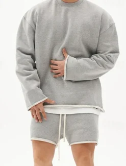 OUKU Men's Workout Set Tracksuit Sweatshirt & Shorts Set Outfit Set Crew Neck Outdoor Daily Sports Pocket Drawstring 2 Piece Plain Black White Khaki Activewear Classic Casual Summer