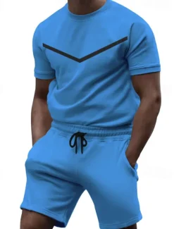 Sale OUKU Men's Workout Set Tracksuit T shirt & Shorts Set Crew Neck Outdoor Daily Sports Pocket Drawstring 2 Piece Color Block Black White Yellow Polyester Activewear Classic Casual Summer
