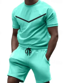 Sale OUKU Men's Workout Set Tracksuit T shirt & Shorts Set Crew Neck Outdoor Daily Sports Pocket Drawstring 2 Piece Color Block Black White Yellow Polyester Activewear Classic Casual Summer