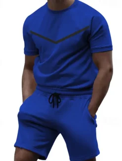 Sale OUKU Men's Workout Set Tracksuit T shirt & Shorts Set Crew Neck Outdoor Daily Sports Pocket Drawstring 2 Piece Color Block Black White Yellow Polyester Activewear Classic Casual Summer