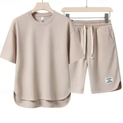 Hot OUKU Men's Workout Set Tracksuit T shirt & Shorts Set Outfit Set Crew Neck Outdoor Daily Sports Pocket Drawstring 2 Piece Plain Black White Apricot Polyester Activewear Classic Casual Summer