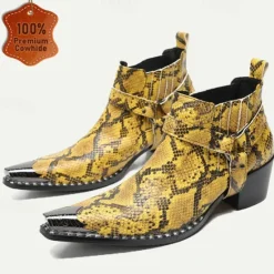 Hot OUKU Men's Snakeskin Leather Motorcycle Boots–Western Style Pointed Toe Ankle Boots with Gold Tip Buckle Straps for Bold Fashion Statements Yellow