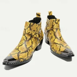 Hot OUKU Men's Snakeskin Leather Motorcycle Boots–Western Style Pointed Toe Ankle Boots with Gold Tip Buckle Straps for Bold Fashion Statements Yellow