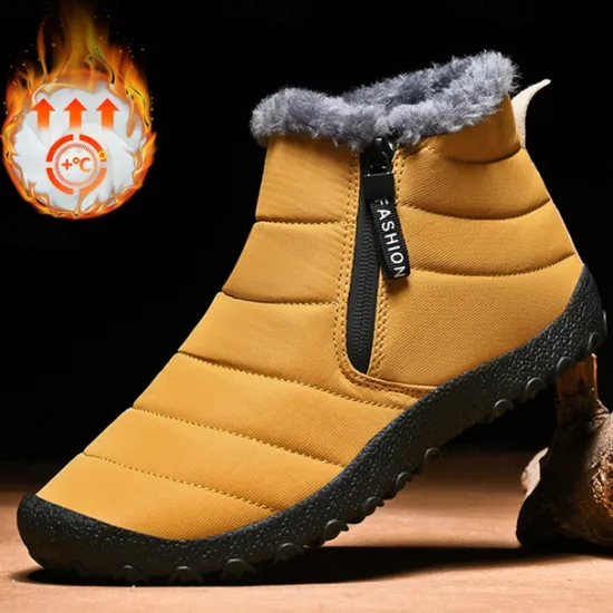 Clearance OUKU Men's Yellow Winter Snow Boots – Waterproof, Fur-Lined, Zipper Closure, Non-Slip Warm Ankle Boots for Cold Weather