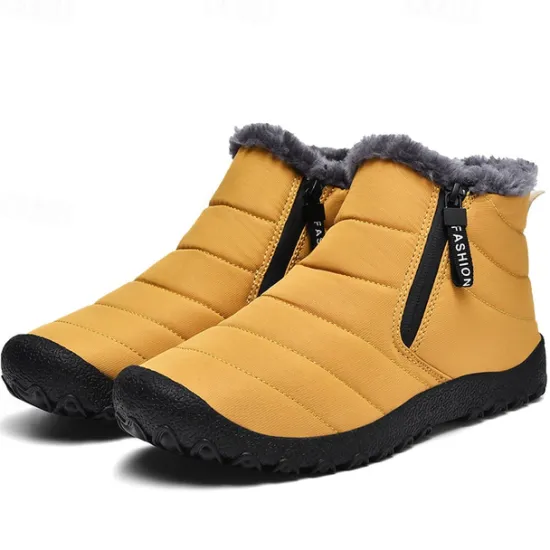 Clearance OUKU Men's Yellow Winter Snow Boots – Waterproof, Fur-Lined, Zipper Closure, Non-Slip Warm Ankle Boots for Cold Weather