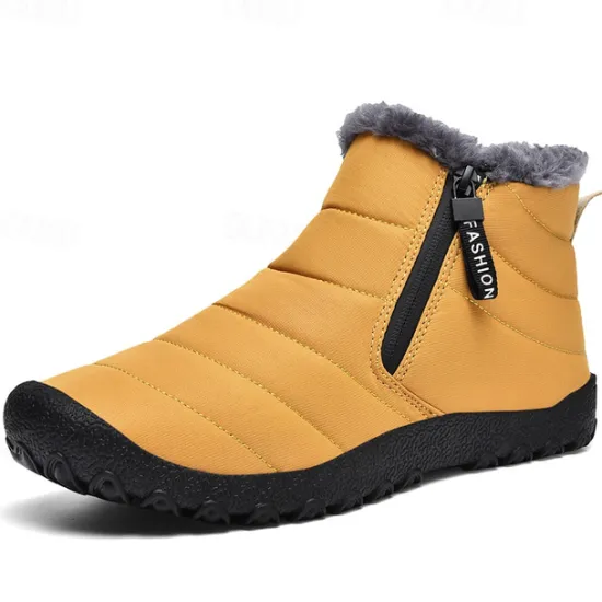 Clearance OUKU Men's Yellow Winter Snow Boots – Waterproof, Fur-Lined, Zipper Closure, Non-Slip Warm Ankle Boots for Cold Weather