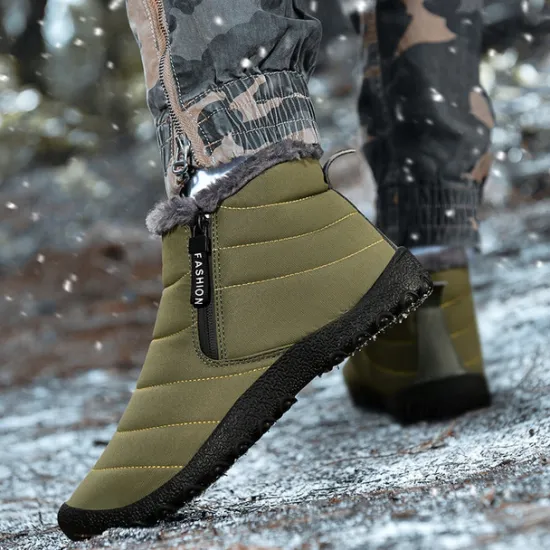 Clearance OUKU Men's Yellow Winter Snow Boots – Waterproof, Fur-Lined, Zipper Closure, Non-Slip Warm Ankle Boots for Cold Weather