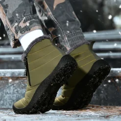 Clearance OUKU Men's Yellow Winter Snow Boots – Waterproof, Fur-Lined, Zipper Closure, Non-Slip Warm Ankle Boots for Cold Weather