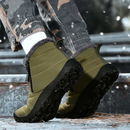 Clearance OUKU Men's Yellow Winter Snow Boots – Waterproof, Fur-Lined, Zipper Closure, Non-Slip Warm Ankle Boots for Cold Weather