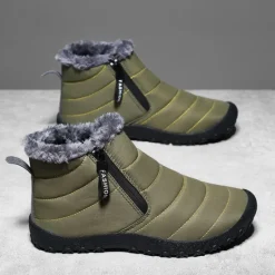 Clearance OUKU Men's Yellow Winter Snow Boots – Waterproof, Fur-Lined, Zipper Closure, Non-Slip Warm Ankle Boots for Cold Weather
