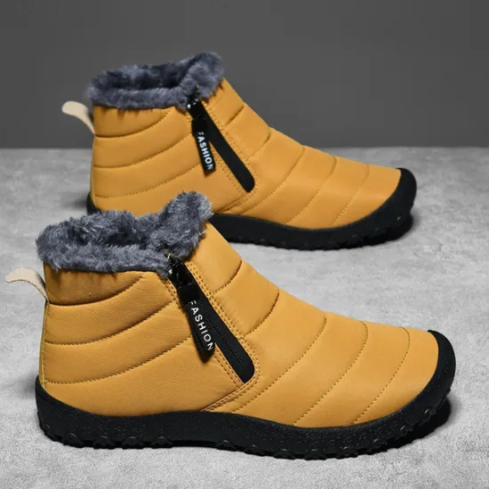 Clearance OUKU Men's Yellow Winter Snow Boots – Waterproof, Fur-Lined, Zipper Closure, Non-Slip Warm Ankle Boots for Cold Weather