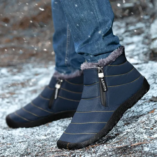 Clearance OUKU Men's Yellow Winter Snow Boots – Waterproof, Fur-Lined, Zipper Closure, Non-Slip Warm Ankle Boots for Cold Weather