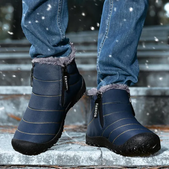 Clearance OUKU Men's Yellow Winter Snow Boots – Waterproof, Fur-Lined, Zipper Closure, Non-Slip Warm Ankle Boots for Cold Weather