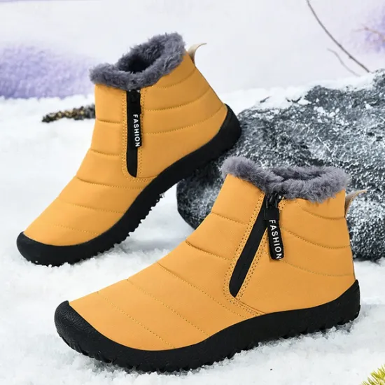 Clearance OUKU Men's Yellow Winter Snow Boots – Waterproof, Fur-Lined, Zipper Closure, Non-Slip Warm Ankle Boots for Cold Weather