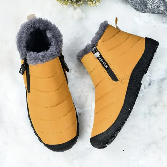 Clearance OUKU Men's Yellow Winter Snow Boots – Waterproof, Fur-Lined, Zipper Closure, Non-Slip Warm Ankle Boots for Cold Weather