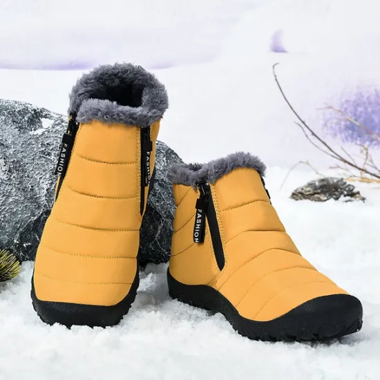Clearance OUKU Men's Yellow Winter Snow Boots – Waterproof, Fur-Lined, Zipper Closure, Non-Slip Warm Ankle Boots for Cold Weather