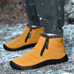 Clearance OUKU Men's Yellow Winter Snow Boots – Waterproof, Fur-Lined, Zipper Closure, Non-Slip Warm Ankle Boots for Cold Weather