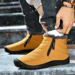 Clearance OUKU Men's Yellow Winter Snow Boots – Waterproof, Fur-Lined, Zipper Closure, Non-Slip Warm Ankle Boots for Cold Weather