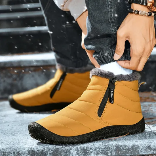Clearance OUKU Men's Yellow Winter Snow Boots – Waterproof, Fur-Lined, Zipper Closure, Non-Slip Warm Ankle Boots for Cold Weather