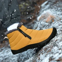 Clearance OUKU Men's Yellow Winter Snow Boots – Waterproof, Fur-Lined, Zipper Closure, Non-Slip Warm Ankle Boots for Cold Weather