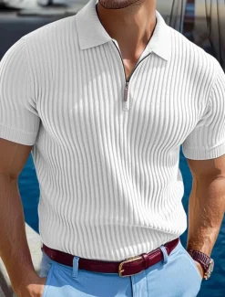 Online OUKU Men's Zip Polo Golf Shirt Vacation Casual Lapel Quarter Zip Short Sleeve Fashion Basic Plain Ribbed Quarter Zip Summer Slim Fit Light Blue White Navy Blue Gray Zip Polo