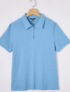 Online OUKU Men's Zip Polo Golf Shirt Vacation Casual Lapel Quarter Zip Short Sleeve Fashion Basic Plain Ribbed Quarter Zip Summer Slim Fit Light Blue White Navy Blue Gray Zip Polo
