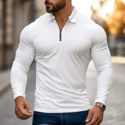 Online OUKU Men's Zip Polo Golf Shirt Work Casual Lapel Long Sleeve Basic Modern Plain Zipper Spring & Fall Regular Fit Navy-blue Black White Red Light Grey Zip Polo
