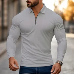 Online OUKU Men's Zip Polo Golf Shirt Work Casual Lapel Long Sleeve Basic Modern Plain Zipper Spring & Fall Regular Fit Navy-blue Black White Red Light Grey Zip Polo