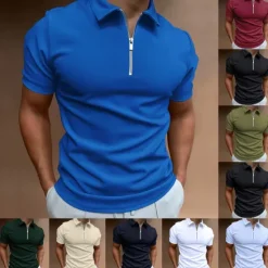 OUKU Men's Zip Polo Golf Shirt Vacation Casual Quarter Zip Short Sleeve Fashion Solid Color Plain Classic Summer Regular Fit Black White Navy Blue Royal Blue Pale Blue Zip Polo