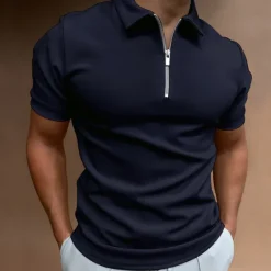 OUKU Men's Zip Polo Golf Shirt Vacation Casual Quarter Zip Short Sleeve Fashion Solid Color Plain Classic Summer Regular Fit Black White Navy Blue Royal Blue Pale Blue Zip Polo