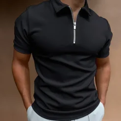OUKU Men's Zip Polo Golf Shirt Vacation Casual Quarter Zip Short Sleeve Fashion Solid Color Plain Classic Summer Regular Fit Black White Navy Blue Royal Blue Pale Blue Zip Polo