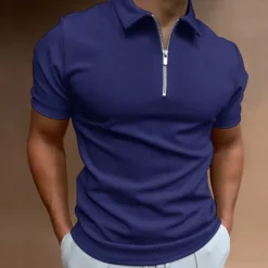 OUKU Men's Zip Polo Golf Shirt Vacation Casual Quarter Zip Short Sleeve Fashion Solid Color Plain Classic Summer Regular Fit Black White Navy Blue Royal Blue Pale Blue Zip Polo