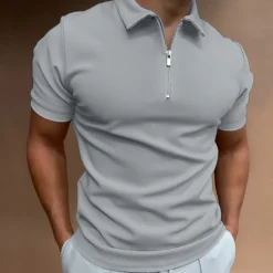 Sale OUKU Men's Zip Polo Golf Shirt Vacation Casual Quarter Zip Short Sleeve Fashion Solid Color Plain Classic Summer Regular Fit Black White Navy Blue Royal Blue Light Grey Pale Blue Zip Polo