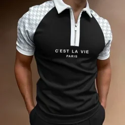 Online OUKU Men's Zip Polo Polo Shirt Going out golf shirts Turndown Quarter Zip Short Sleeve Sports Designer Letter Quarter Zip Summer Slim Black White Red Navy Blue Blue Light Grey Zip Polo