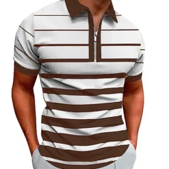 Discount OUKU Men's Zip Polo Polo Shirt Casual Daily Quarter Zip Short Sleeve Fashion Basic Stripe Horizontal Stripes Zipper Summer Regular Fit White Yellow Red Navy Blue Brown Zip Polo