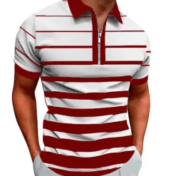 Discount OUKU Men's Zip Polo Polo Shirt Casual Daily Quarter Zip Short Sleeve Fashion Basic Stripe Horizontal Stripes Zipper Summer Regular Fit White Yellow Red Navy Blue Brown Zip Polo