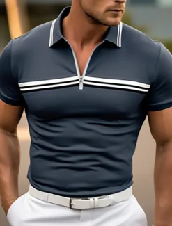 Outlet OUKU Men's Zip Polo Polo Shirt Outdoor Casual Lapel Quarter Zip Short Sleeve Fashion Basic Plain Quarter Zip Summer Regular Fit Yellow Blue Green Dark Gray Zip Polo
