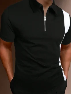 New OUKU Men's Zip Polo Polo Shirt Casual Holiday Lapel Quarter Zip Short Sleeve Fashion Basic Color Block Quarter Zip Summer Regular Fit Black Red Brown Light Black Zip Polo