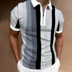 Clearance OUKU Men's Zip Polo Polo Shirt Casual Daily Quarter Zip Short Sleeve Fashion Basic Color Block Vertical Stripes Zipper Summer Regular Fit Dark Yellow Pink Blue Brown Green Gray Zip Polo