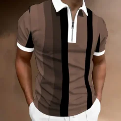Clearance OUKU Men's Zip Polo Polo Shirt Casual Daily Quarter Zip Short Sleeve Fashion Basic Color Block Vertical Stripes Zipper Summer Regular Fit Dark Yellow Pink Blue Brown Green Gray Zip Polo