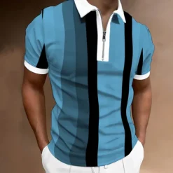 Clearance OUKU Men's Zip Polo Polo Shirt Casual Daily Quarter Zip Short Sleeve Fashion Basic Color Block Vertical Stripes Zipper Summer Regular Fit Dark Yellow Pink Blue Brown Green Gray Zip Polo
