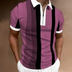 Clearance OUKU Men's Zip Polo Polo Shirt Casual Daily Quarter Zip Short Sleeve Fashion Basic Color Block Vertical Stripes Zipper Summer Regular Fit Dark Yellow Pink Blue Brown Green Gray Zip Polo