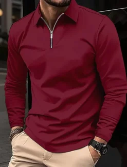 Discount OUKU Men's Zip Polo Polo Shirt Outdoor Casual Lapel Quarter Zip Long Sleeve Fashion Basic Solid / Plain Color Quarter Zip Spring & Fall Regular Fit Black White Wine Dark Navy Gray Zip Polo