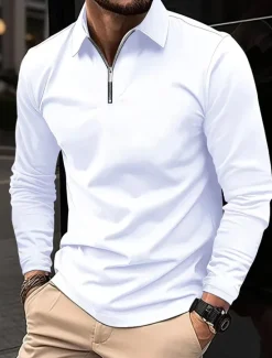 Discount OUKU Men's Zip Polo Polo Shirt Outdoor Casual Lapel Quarter Zip Long Sleeve Fashion Basic Solid / Plain Color Quarter Zip Spring & Fall Regular Fit Black White Wine Dark Navy Gray Zip Polo