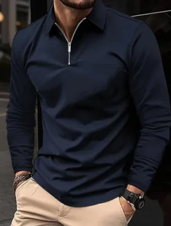Discount OUKU Men's Zip Polo Polo Shirt Outdoor Casual Lapel Quarter Zip Long Sleeve Fashion Basic Solid / Plain Color Quarter Zip Spring & Fall Regular Fit Black White Wine Dark Navy Gray Zip Polo