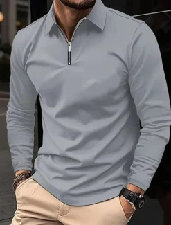 Discount OUKU Men's Zip Polo Polo Shirt Outdoor Casual Lapel Quarter Zip Long Sleeve Fashion Basic Solid / Plain Color Quarter Zip Spring & Fall Regular Fit Black White Wine Dark Navy Gray Zip Polo