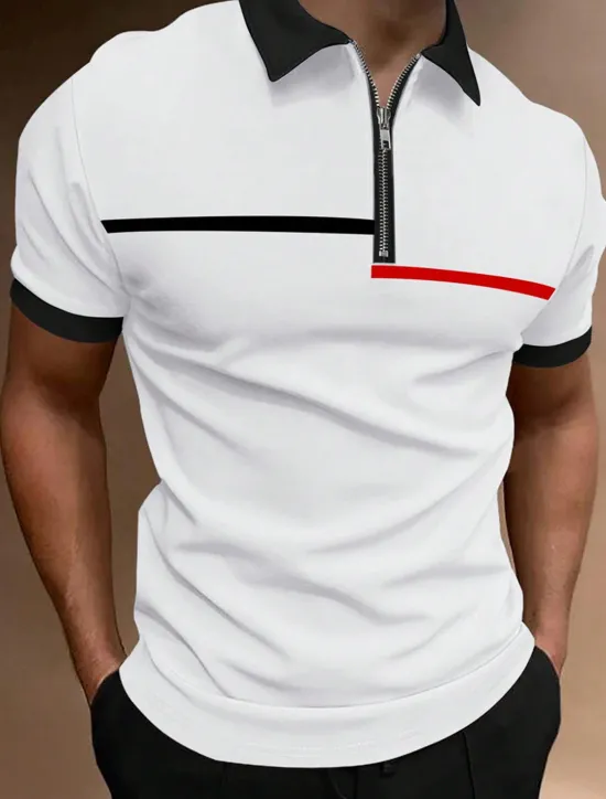Online OUKU Men's Zip Polo Polo Shirt Outdoor Casual Lapel Quarter Zip Short Sleeve Fashion Basic Color Block Quarter Zip Summer Regular Fit Black White Navy Blue Brown Zip Polo