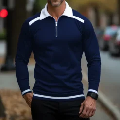 Sale OUKU Men's Zip Polo Polo Shirt Casual Holiday Lapel Quarter Zip Long Sleeve Fashion Basic Color Block Quarter Zip Summer Regular Fit Black Burgundy Navy Blue Orange Army Green Zip Polo