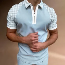 New OUKU Men's Zip Polo Polo Shirt Casual Daily Turndown Quarter Zip Short Sleeve Sports Fashion Color Block Zipper Quarter Zip Spring & Summer Regular Fit Pink Light Grey Light Blue Zip Polo